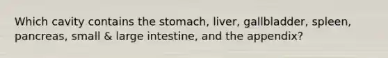 Which cavity contains the stomach, liver, gallbladder, spleen, pancreas, small & large intestine, and the appendix?