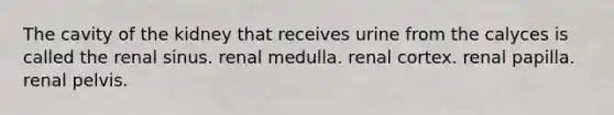 The cavity of the kidney that receives urine from the calyces is called the renal sinus. renal medulla. renal cortex. renal papilla. renal pelvis.