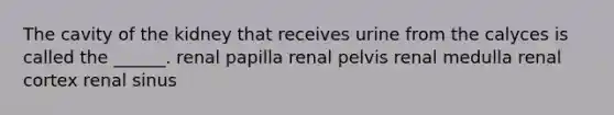 The cavity of the kidney that receives urine from the calyces is called the ______. renal papilla renal pelvis renal medulla renal cortex renal sinus