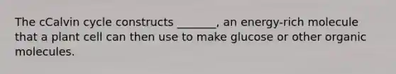 The cCalvin cycle constructs _______, an energy-rich molecule that a plant cell can then use to make glucose or other <a href='https://www.questionai.com/knowledge/kjUwUacPFG-organic-molecules' class='anchor-knowledge'>organic molecules</a>.