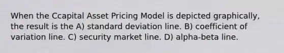 When the Ccapital Asset Pricing Model is depicted graphically, the result is the A) standard deviation line. B) coefficient of variation line. C) security market line. D) alpha-beta line.