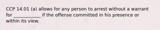 CCP 14.01 (a) allows for any person to arrest without a warrant for ____________ if the offense committed in his presence or within its view.