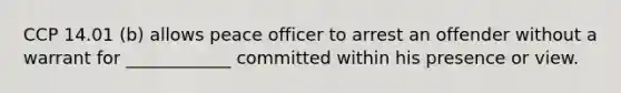 CCP 14.01 (b) allows peace officer to arrest an offender without a warrant for ____________ committed within his presence or view.