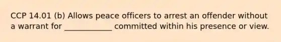 CCP 14.01 (b) Allows peace officers to arrest an offender without a warrant for ____________ committed within his presence or view.