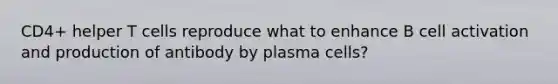 CD4+ helper T cells reproduce what to enhance B cell activation and production of antibody by plasma cells?