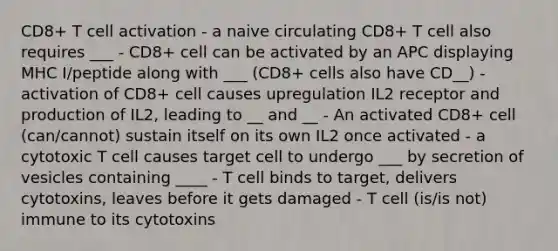 CD8+ T cell activation - a naive circulating CD8+ T cell also requires ___ - CD8+ cell can be activated by an APC displaying MHC I/peptide along with ___ (CD8+ cells also have CD__) - activation of CD8+ cell causes upregulation IL2 receptor and production of IL2, leading to __ and __ - An activated CD8+ cell (can/cannot) sustain itself on its own IL2 once activated - a cytotoxic T cell causes target cell to undergo ___ by secretion of vesicles containing ____ - T cell binds to target, delivers cytotoxins, leaves before it gets damaged - T cell (is/is not) immune to its cytotoxins