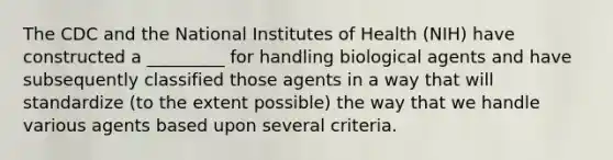 The CDC and the National Institutes of Health (NIH) have constructed a _________ for handling biological agents and have subsequently classified those agents in a way that will standardize (to the extent possible) the way that we handle various agents based upon several criteria.