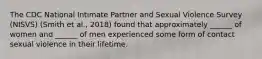 The CDC National Intimate Partner and Sexual Violence Survey (NISVS) (Smith et al., 2018) found that approximately ______ of women and ______ of men experienced some form of contact sexual violence in their lifetime.