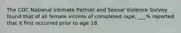 The CDC National Intimate Partner and Sexual Violence Survey found that of all female victims of completed rape, ___% reported that it first occurred prior to age 18.