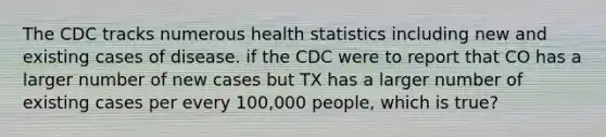 The CDC tracks numerous <a href='https://www.questionai.com/knowledge/kGXyhdOLvp-health-statistics' class='anchor-knowledge'>health statistics</a> including new and existing cases of disease. if the CDC were to report that CO has a larger number of new cases but TX has a larger number of existing cases per every 100,000 people, which is true?