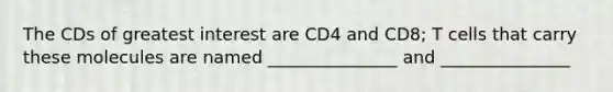 The CDs of greatest interest are CD4 and CD8; T cells that carry these molecules are named _______________ and _______________