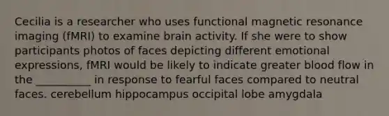 Cecilia is a researcher who uses functional magnetic resonance imaging (fMRI) to examine brain activity. If she were to show participants photos of faces depicting different emotional expressions, fMRI would be likely to indicate greater blood flow in the __________ in response to fearful faces compared to neutral faces. cerebellum hippocampus occipital lobe amygdala