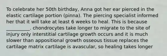 To celebrate her 50th birthday, Anna got her ear pierced in the elastic cartilage portion (pinna). The piercing specialist informed her that it will take at least 6 weeks to heal. This is because __________. chondrocytes take longer to migrate to the site of injury only interstitial cartilage growth occurs and it is much slower than appositional growth osseous tissue replaces the cartilage matrix cartilage is avascular, so healing takes longer