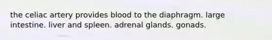 the celiac artery provides blood to the diaphragm. large intestine. liver and spleen. adrenal glands. gonads.