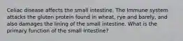 Celiac disease affects the small intestine. The Immune system attacks the gluten protein found in wheat, rye and barely, and also damages the lining of the small intestine. What is the primary function of the small intestine?