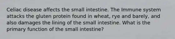 Celiac disease affects the small intestine. The Immune system attacks the gluten protein found in wheat, rye and barely, and also damages the lining of the small intestine. What is the primary function of the small intestine?