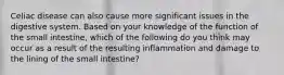 Celiac disease can also cause more significant issues in the digestive system. Based on your knowledge of the function of the small intestine, which of the following do you think may occur as a result of the resulting inflammation and damage to the lining of the small intestine?