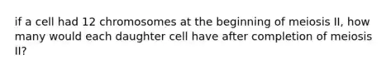 if a cell had 12 chromosomes at the beginning of meiosis II, how many would each daughter cell have after completion of meiosis II?