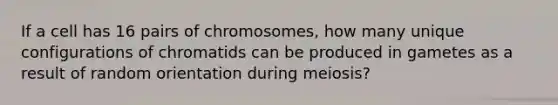 If a cell has 16 pairs of chromosomes, how many unique configurations of chromatids can be produced in gametes as a result of random orientation during meiosis?