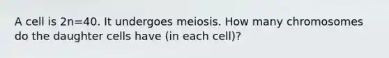 A cell is 2n=40. It undergoes meiosis. How many chromosomes do the daughter cells have (in each cell)?