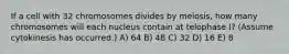 If a cell with 32 chromosomes divides by meiosis, how many chromosomes will each nucleus contain at telophase I? (Assume cytokinesis has occurred.) A) 64 B) 48 C) 32 D) 16 E) 8