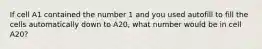 If cell A1 contained the number 1 and you used autofill to fill the cells automatically down to A20, what number would be in cell A20?