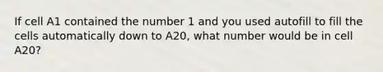 If cell A1 contained the number 1 and you used autofill to fill the cells automatically down to A20, what number would be in cell A20?