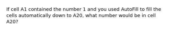 If cell A1 contained the number 1 and you used AutoFill to fill the cells automatically down to A20, what number would be in cell A20?