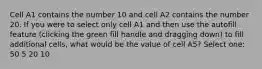 Cell A1 contains the number 10 and cell A2 contains the number 20. If you were to select only cell A1 and then use the autofill feature (clicking the green fill handle and dragging down) to fill additional cells, what would be the value of cell A5? Select one: 50 5 20 10