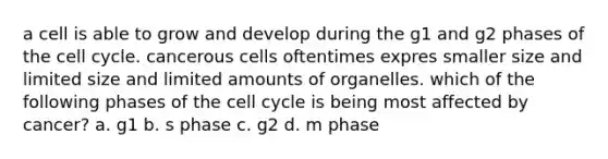 a cell is able to grow and develop during the g1 and g2 phases of the cell cycle. cancerous cells oftentimes expres smaller size and limited size and limited amounts of organelles. which of the following phases of the cell cycle is being most affected by cancer? a. g1 b. s phase c. g2 d. m phase