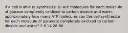 If a cell is able to synthesize 30 ATP molecules for each molecule of glucose completely oxidized to carbon dioxide and water, approximately how many ATP molecules can the cell synthesize for each molecule of pyruvate completely oxidized to carbon dioxide and water? 2 6 14 28 60