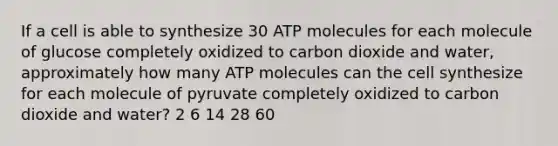 If a cell is able to synthesize 30 ATP molecules for each molecule of glucose completely oxidized to carbon dioxide and water, approximately how many ATP molecules can the cell synthesize for each molecule of pyruvate completely oxidized to carbon dioxide and water? 2 6 14 28 60