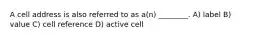 A cell address is also referred to as a(n) ________. A) label B) value C) cell reference D) active cell