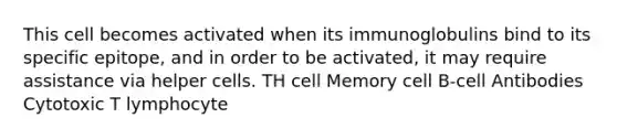 This cell becomes activated when its immunoglobulins bind to its specific epitope, and in order to be activated, it may require assistance via helper cells. TH cell Memory cell B-cell Antibodies Cytotoxic T lymphocyte