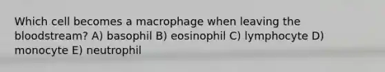 Which cell becomes a macrophage when leaving the bloodstream? A) basophil B) eosinophil C) lymphocyte D) monocyte E) neutrophil