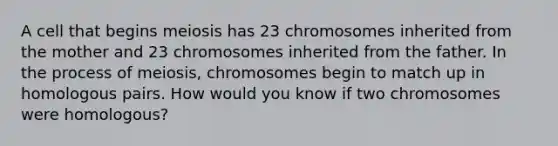 A cell that begins meiosis has 23 chromosomes inherited from the mother and 23 chromosomes inherited from the father. In the process of meiosis, chromosomes begin to match up in homologous pairs. How would you know if two chromosomes were homologous?