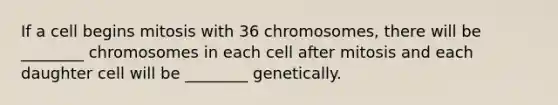 If a cell begins mitosis with 36 chromosomes, there will be ________ chromosomes in each cell after mitosis and each daughter cell will be ________ genetically.