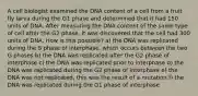 A cell biologist examined the DNA content of a cell from a fruit fly larva during the G1 phase and determined that it had 150 units of DNA. After measuring the DNA content of the same type of cell after the G2 phase, it was discovered that the cell had 300 units of DNA. How is this possible? a) the DNA was replicated during the S phase of interphase, which occurs between the two G phases b) the DNA was replicated after the G2 phase of interphase c) the DNA was replicated prior to interphase d) the DNA was replicated during the G2 phase of interphase e) the DNA was not replicated, this was the result of a mutation f) the DNA was replicated during the G1 phase of interphase