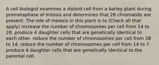 A cell biologist examines a diploid cell from a barley plant during prometaphase of mitosis and determines that 28 chromatids are present. The role of meiosis in this plant is to (Check all that apply) increase the number of chromosomes per cell from 14 to 28. produce 4 daughter cells that are genetically identical to each other. reduce the number of chromosomes per cell from 28 to 14. reduce the number of chromosomes per cell from 14 to 7. produce 4 daughter cells that are genetically identical to the parental cell.