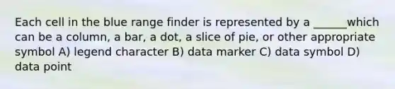 Each cell in the blue range finder is represented by a ______which can be a column, a bar, a dot, a slice of pie, or other appropriate symbol A) legend character B) data marker C) data symbol D) data point