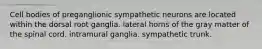 Cell bodies of preganglionic sympathetic neurons are located within the dorsal root ganglia. lateral horns of the gray matter of the spinal cord. intramural ganglia. sympathetic trunk.