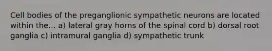 Cell bodies of the preganglionic sympathetic neurons are located within the... a) lateral gray horns of the spinal cord b) dorsal root ganglia c) intramural ganglia d) sympathetic trunk