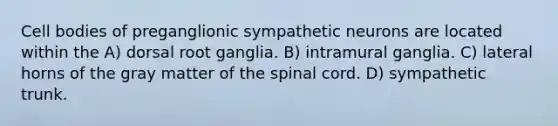 Cell bodies of preganglionic sympathetic neurons are located within the A) dorsal root ganglia. B) intramural ganglia. C) lateral horns of the gray matter of the spinal cord. D) sympathetic trunk.