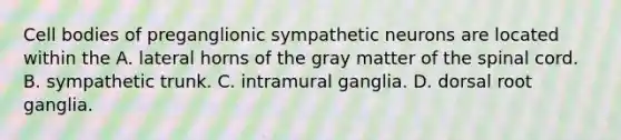 Cell bodies of preganglionic sympathetic neurons are located within the A. lateral horns of the gray matter of the spinal cord. B. sympathetic trunk. C. intramural ganglia. D. dorsal root ganglia.