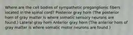 Where are the cell bodies of sympathetic preganglionic fibers located in the spinal cord? Posterior gray horn (The posterior horn of gray matter is where somatic sensory neurons are found.) Lateral gray horn Anterior gray horn (The anterior horn of gray matter is where somatic motor neurons are found.)