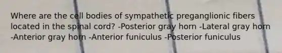 Where are the cell bodies of sympathetic preganglionic fibers located in <a href='https://www.questionai.com/knowledge/kkAfzcJHuZ-the-spinal-cord' class='anchor-knowledge'>the spinal cord</a>? -Posterior gray horn -Lateral gray horn -Anterior gray horn -Anterior funiculus -Posterior funiculus