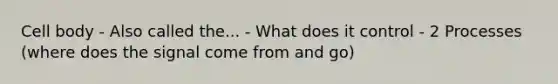 Cell body - Also called the... - What does it control - 2 Processes (where does the signal come from and go)