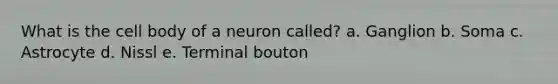 What is the cell body of a neuron called? a. Ganglion b. Soma c. Astrocyte d. Nissl e. Terminal bouton