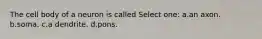 The cell body of a neuron is called Select one: a.an axon. b.soma. c.a dendrite. d.pons.