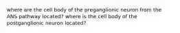 where are the cell body of the preganglionic neuron from the ANS pathway located? where is the cell body of the postganglionic neuron located?